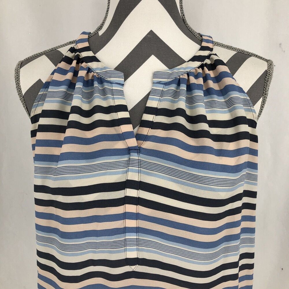Loft Blue Striped Sleeveless Split V Neck Blouse Top XS